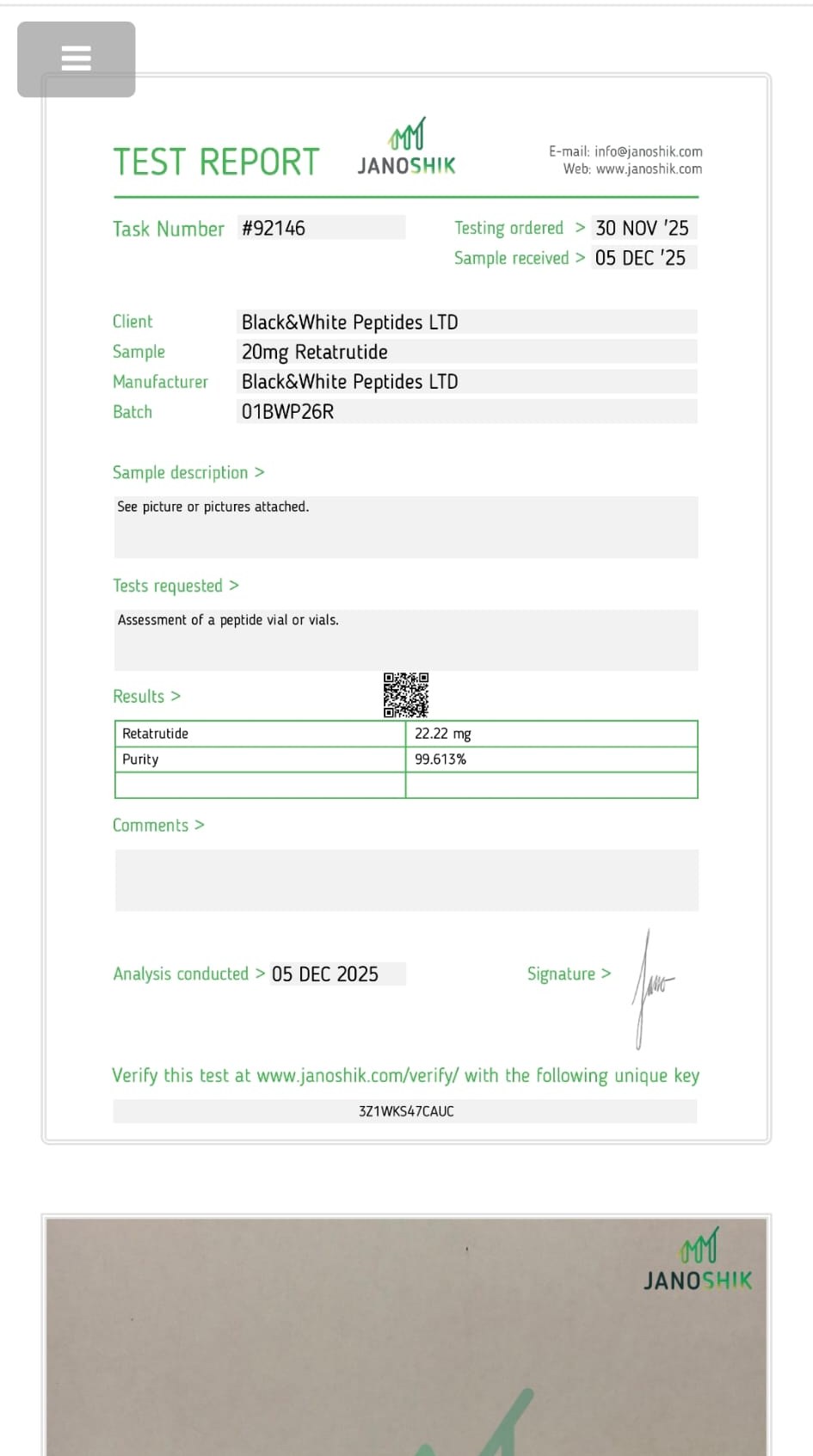 Janoshik Report - Retatrutide 20mg